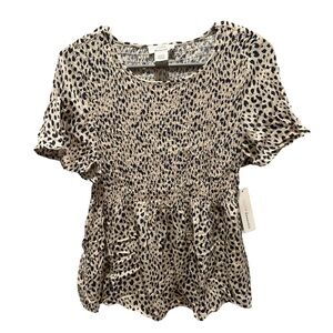 Tan Peplum Blouse with Ruffled Sleeves and Leopard Print